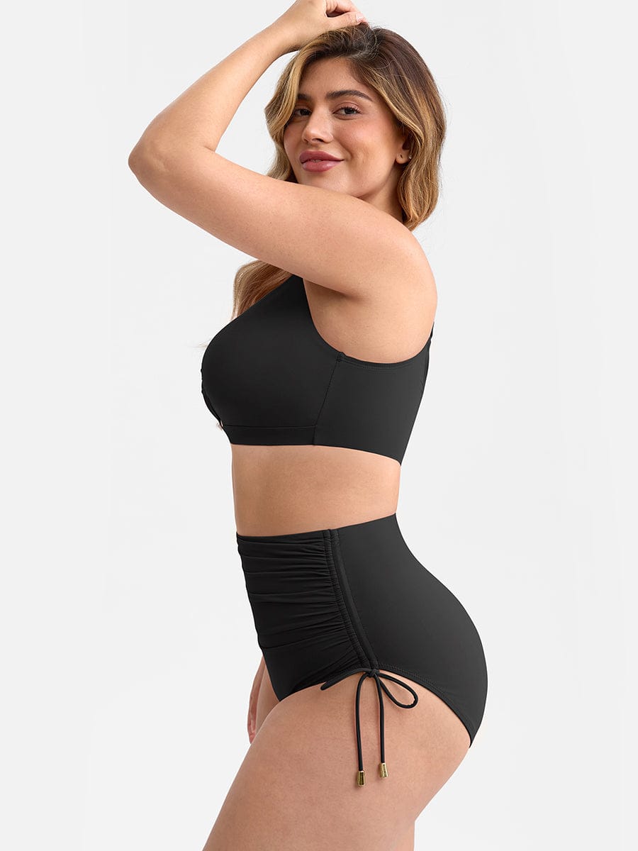 Deep V Metal Ring Drawstring Tummy Control Swimsuit - Removable Pads