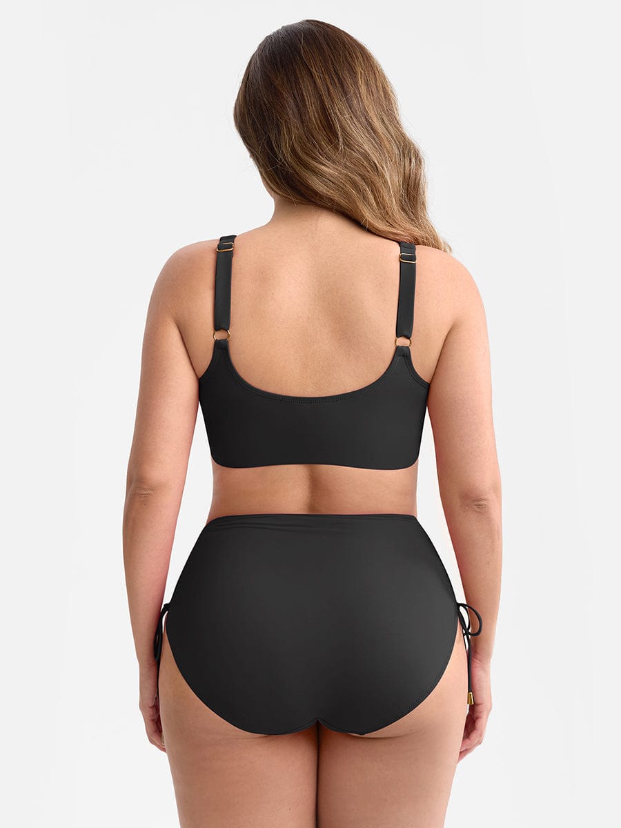 Deep V Metal Ring Drawstring Tummy Control Swimsuit - Removable Pads