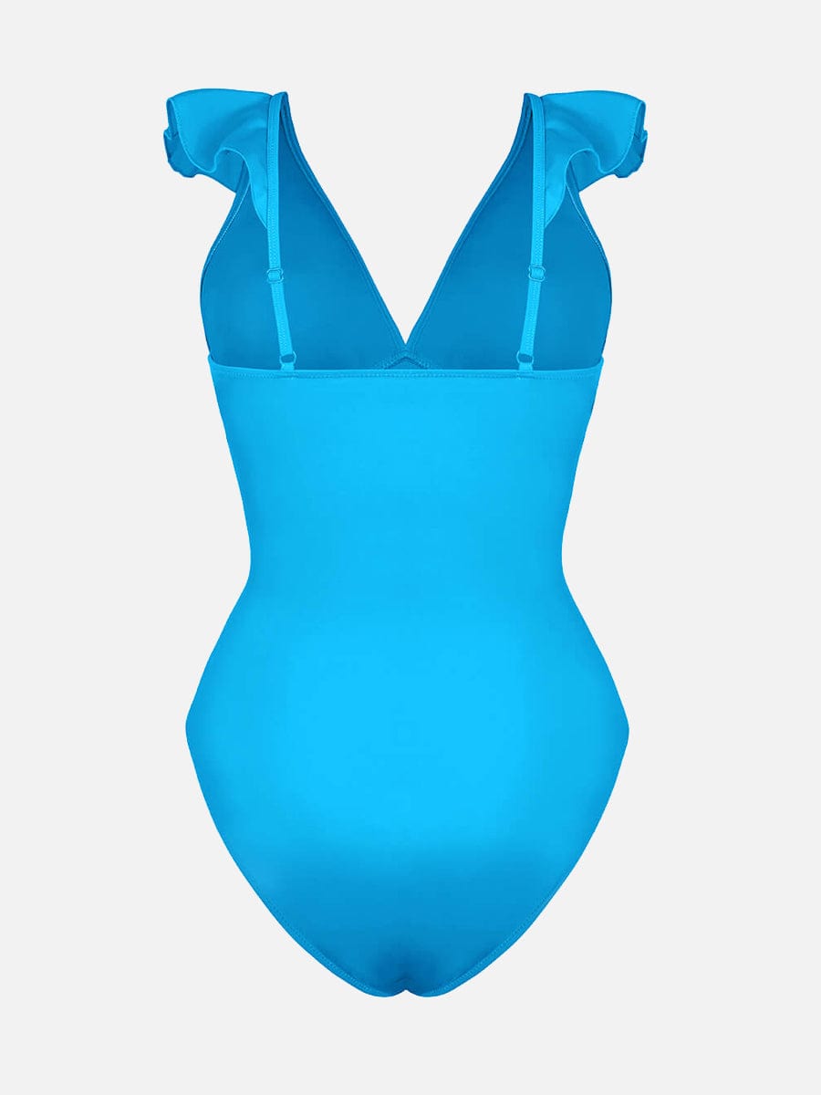 V-Neck Ruffled Lace-Up One Piece Swimsuit - Flattering Shaping Style