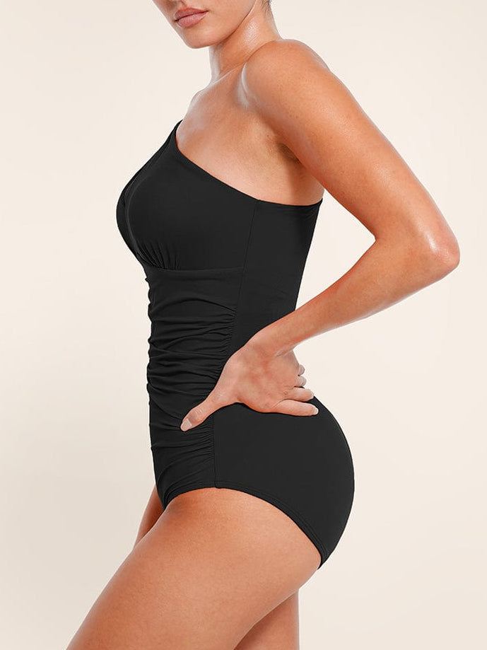 One Shoulder Ruched One Piece Swimsuit - Chest Support Swimwear