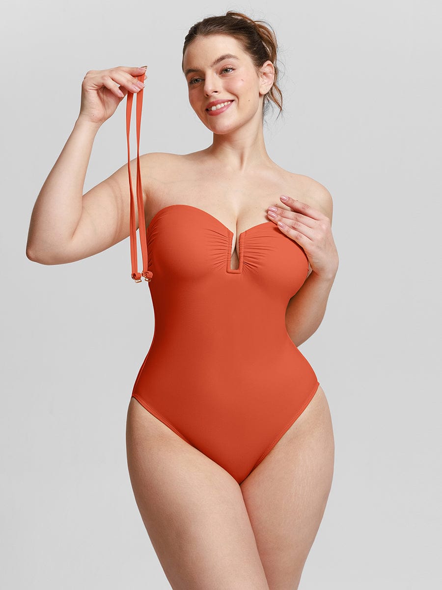 Strapless U-Wire Mesh Tummy Control Shapewear Swimsuit - Removable Pads