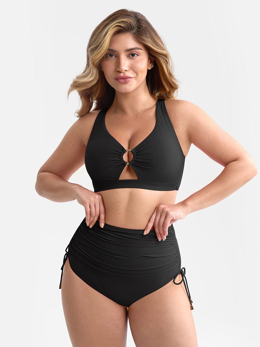 Deep V Metal Ring Drawstring Tummy Control Swimsuit - Removable Pads