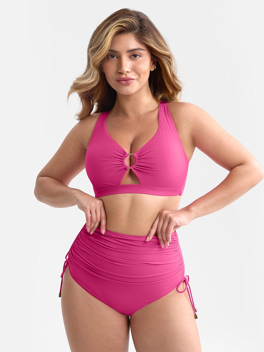 Deep V Metal Ring Drawstring Tummy Control Swimsuit - Removable Pads