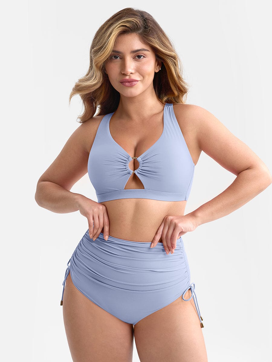 Deep V Metal Ring Drawstring Tummy Control Swimsuit - Removable Pads