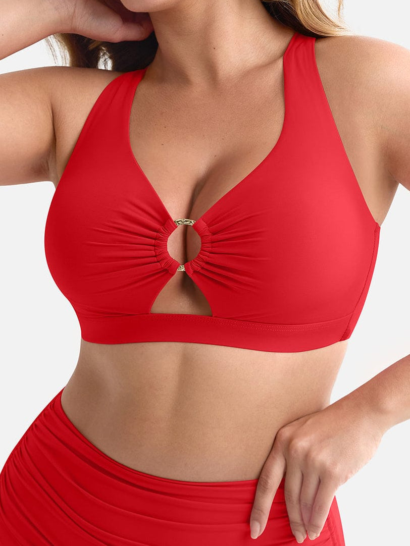 Deep V Metal Ring Drawstring Tummy Control Swimsuit - Removable Pads