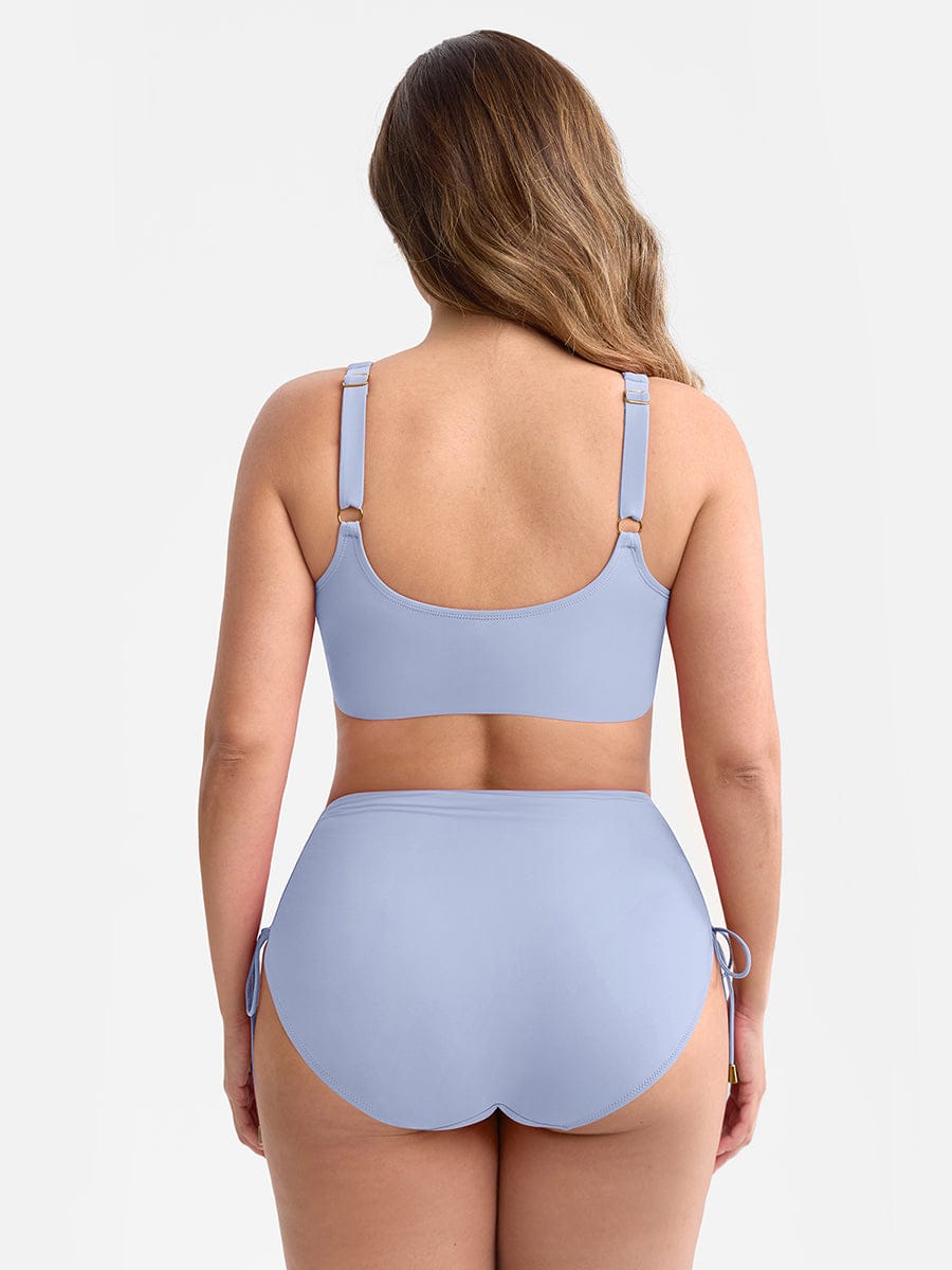 Deep V Metal Ring Drawstring Tummy Control Swimsuit - Removable Pads
