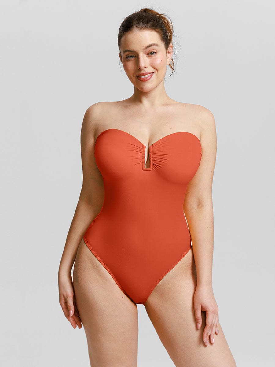 Strapless U-Wire Mesh Tummy Control Shapewear Swimsuit - Removable Pads