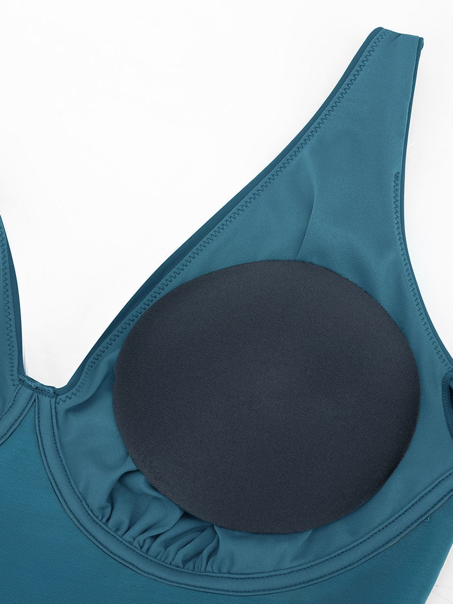 Deep V Ruched Mesh Shaping One Piece Swimsuit with Removable Pads