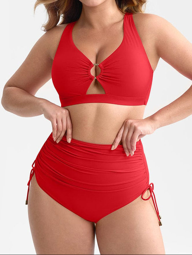 Deep V Metal Ring Drawstring Tummy Control Swimsuit - Removable Pads