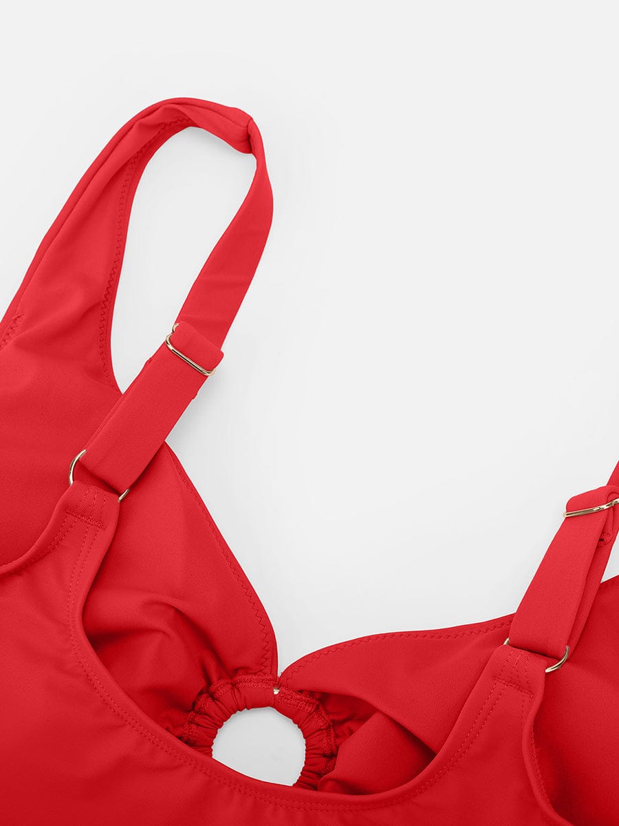 Deep V Metal Ring Drawstring Tummy Control Swimsuit - Removable Pads