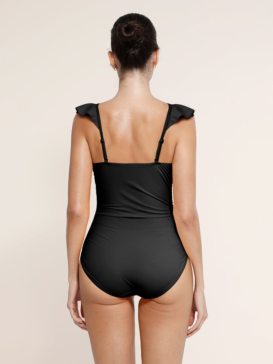 V-Neck Ruffled Lace-Up One Piece Swimsuit - Flattering Shaping Style