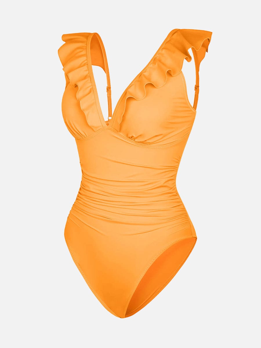 V-Neck Ruffled Lace-Up One Piece Swimsuit - Flattering Shaping Style