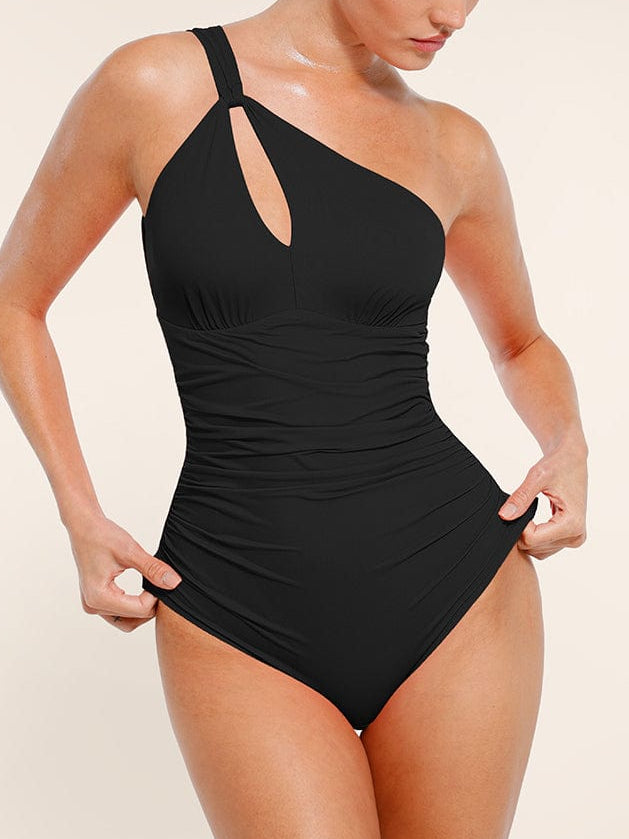 One Shoulder Ruched One Piece Swimsuit - Chest Support Swimwear