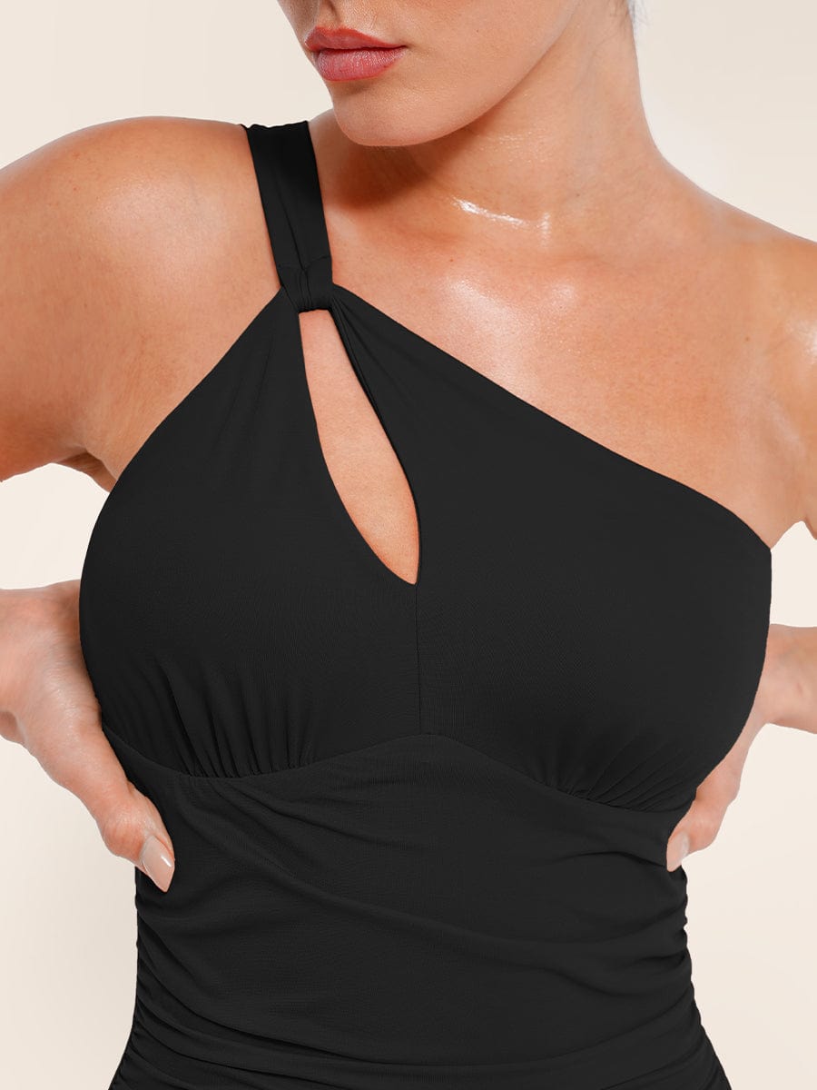 One Shoulder Ruched One Piece Swimsuit - Chest Support Swimwear