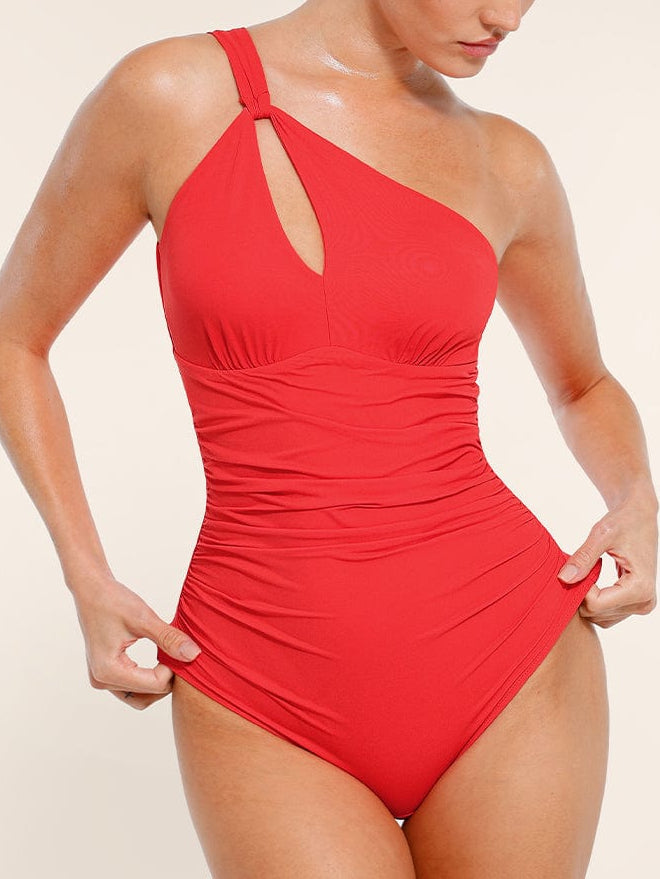 One Shoulder Ruched One Piece Swimsuit - Chest Support Swimwear